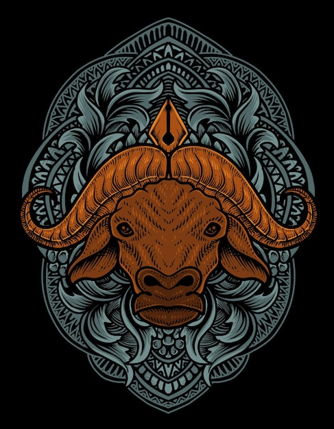 Illustratie buffelkop met gravure ornament