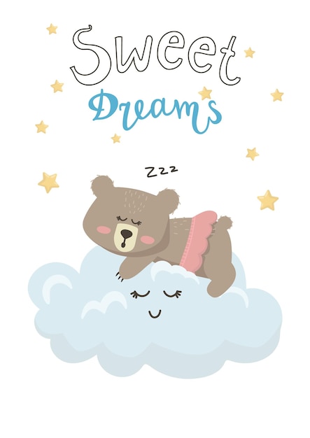 Illustratie cartoon schattige beer meisje slapen op een wolk en belettering sweet dreams