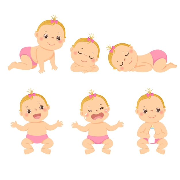 Illustratie cartoon set van schattige kleine baby of peuter meisje in verschillende activiteiten.