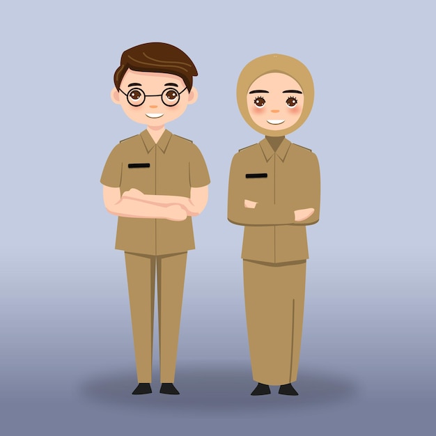 Illustratie cartoon van ambtenaren in Indonesië die een uniforme man vrouw hijaab dragen