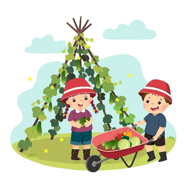illustratie cartoon van een kleine jongen en meisje groenten plukken in de tuin. Kinderen doen van huishoudelijke taken thuis concept.
