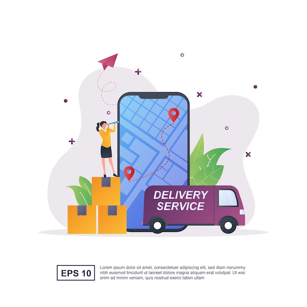 Illustratie concept van bezorgservice met de persoon die het karton naar de auto duwt.