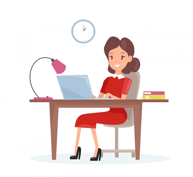 Vector illustratie concept van zakelijke vrouw. gelukkige vrouw werkt op de laptopcomputer aan de balie in cartoon vlakke stijl.