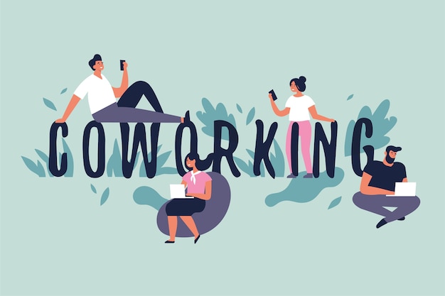 illustratie concept voor co-working space. Jonge mensen freelancers werken op laptops en computers.