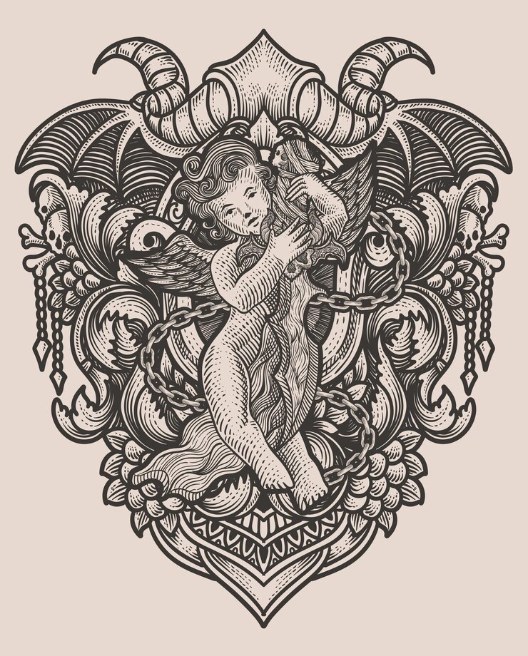 Illustratie cupido engel met mes met vintage gravure ornament op de rug perfect voor uw bedrijf en koopwaar