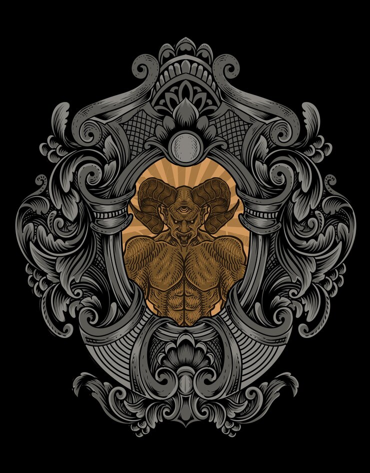 Illustratie demon met gravure frame