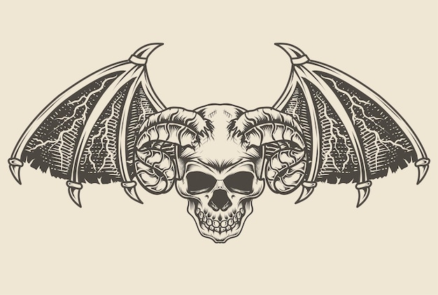 Vector illustratie demon schedel zwart-wit stijl