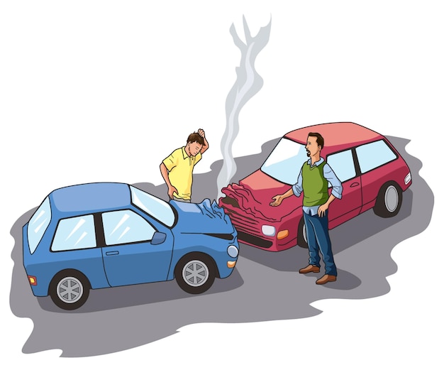 Vector illustratie die een auto-ongeluk toont met twee mensen die bij de auto's staan