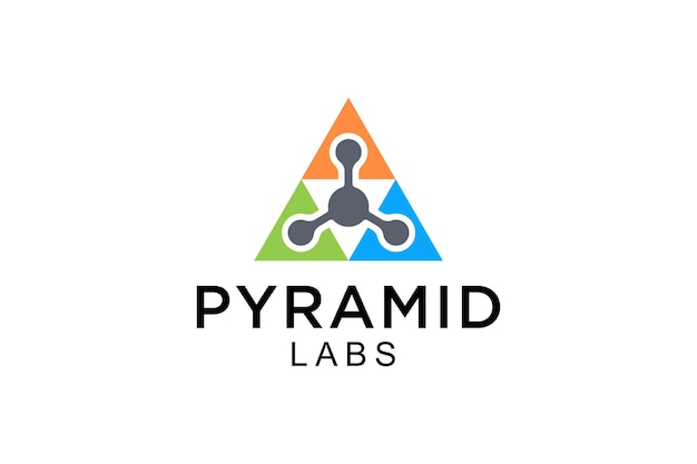 Illustratie driehoek labs logo ontwerp met moleculen in een piramide teken.