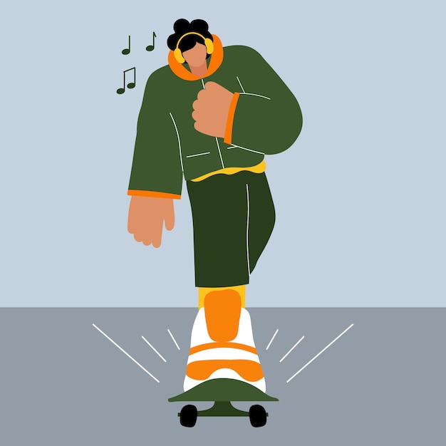 Illustratie, een, jonge man, op, een, skateboard, in, koptelefoon, en, muzieknoten, Modern concept Clipart