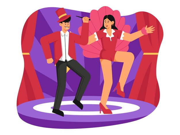 Vector illustratie een man en een vrouw dansen op een podium met een rood gordijn en een vrouw in een hoge hoed