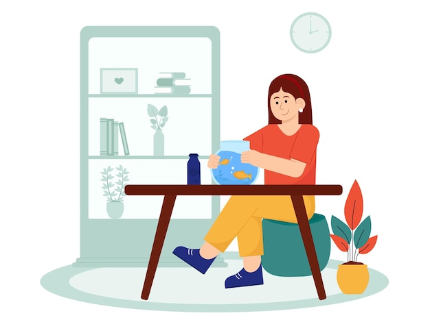 Illustratie een vrouw zit aan een tafel en kijkt naar een goudvis