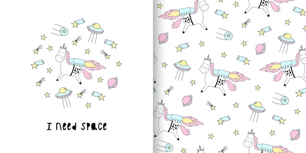 Illustratie en naadloos kinderachtig patroon met schattige eenhoorn met sterren en maan