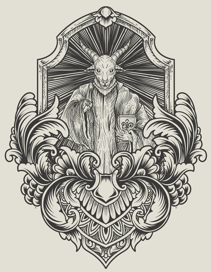 Illustratie enge baphomet op gravure ornament