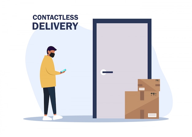 illustratie Geen contact levering. Deliver Man brengt de dozen en zet ze bij de deur van het appartement. Contactloze koeriersdienst. Zelfisolatie en quarantaine levensstijl