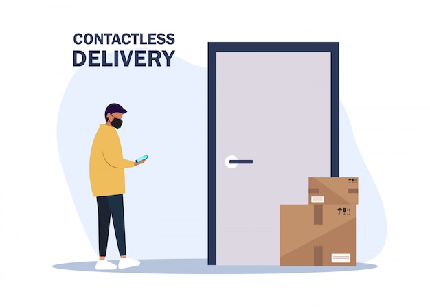 Illustratie geen contact levering. deliver man brengt de dozen en zet ze bij de deur van het appartement. contactloze koeriersdienst. zelfisolatie en quarantaine levensstijl