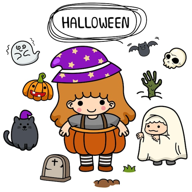 Illustratie geïsoleerde set cartoon halloween meisje