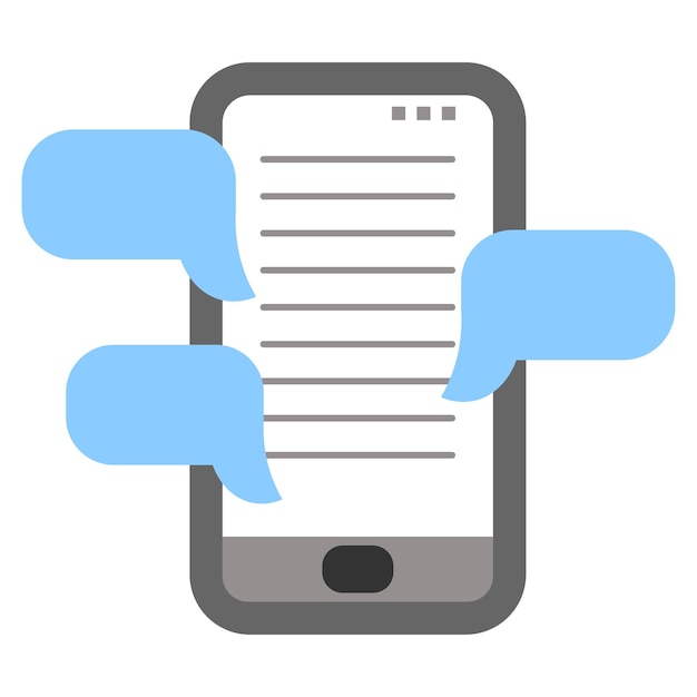 Illustratie getekende speelgoedtelefoon met blauwe wolken voor sms
