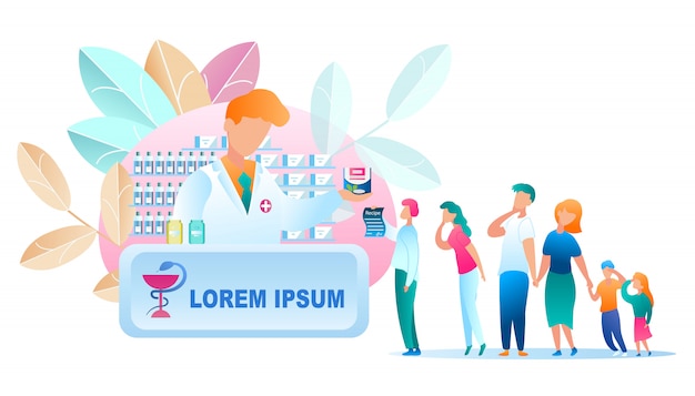 Vector illustratie groep mensen staande lijn apotheek