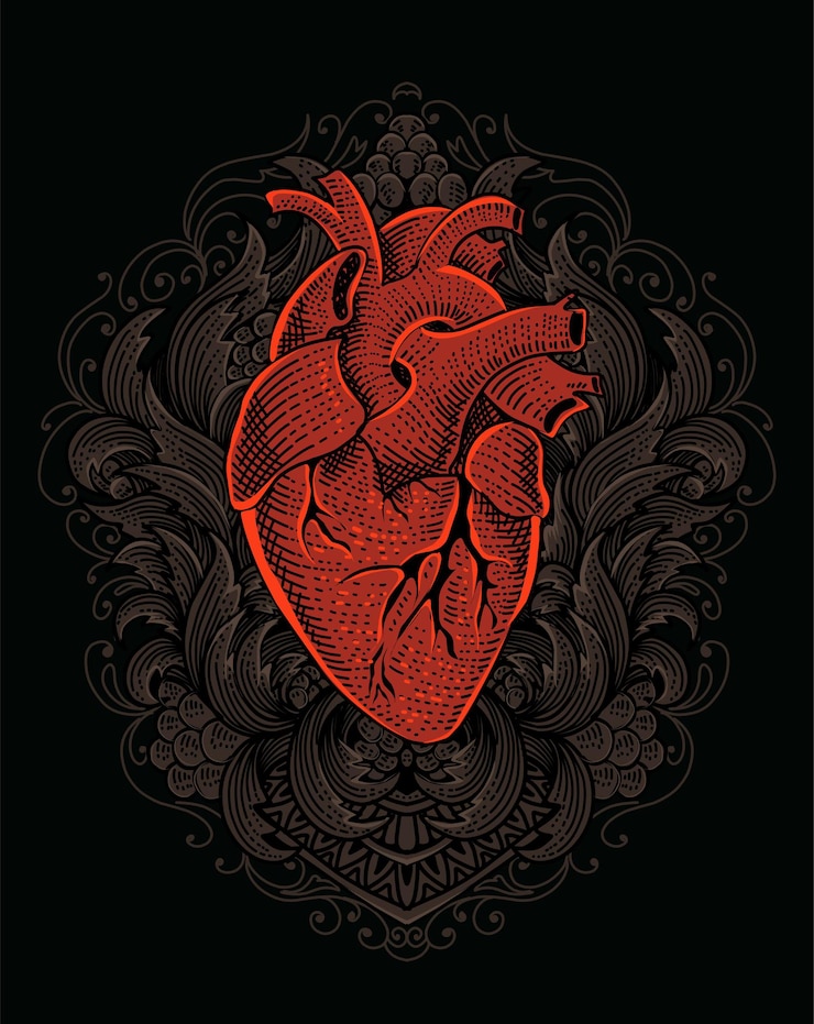Illustratie hart met gravure vintage ornament