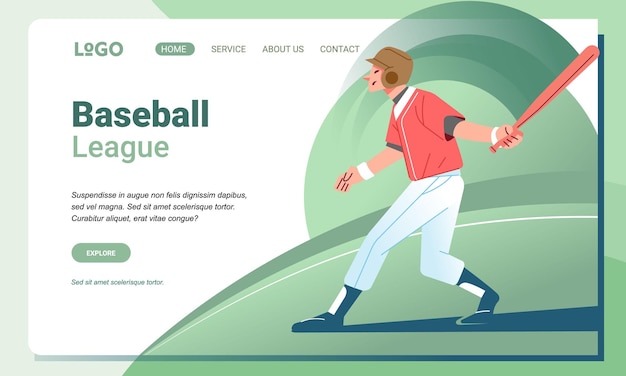 Illustratie honkbalspeler karakter sport en landing page design voor webpagina en app concept