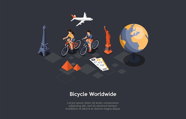 Illustratie in cartoon 3d-stijl, isometrische compositie met objecten en tekens. fiets wereldwijd. infografieken. fietstocht, actieve sportreizen, ecologische reis, goed gezelschap. bezienswaardigheden