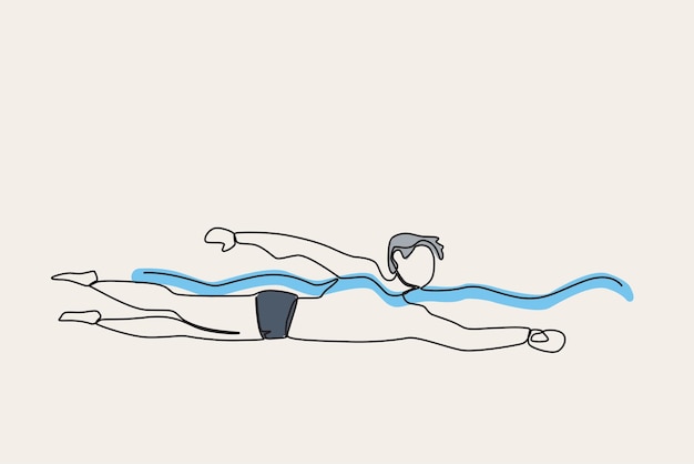 Illustratie in kleur van een zwemmende jongen Zwemmen in strand oneline tekening