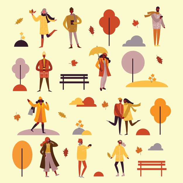 Illustratie in platte ontwerp van herfst seizoen achtergrond met mensen buiten