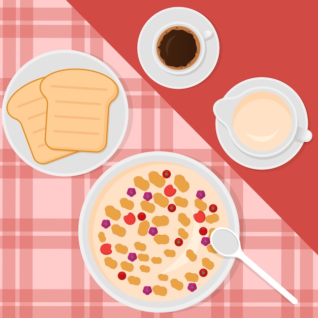 Illustratie in vlakke stijl met muesli, melk, koffie en toast