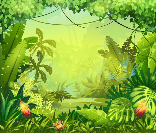 Vector illustratie jungle met rode bloemen