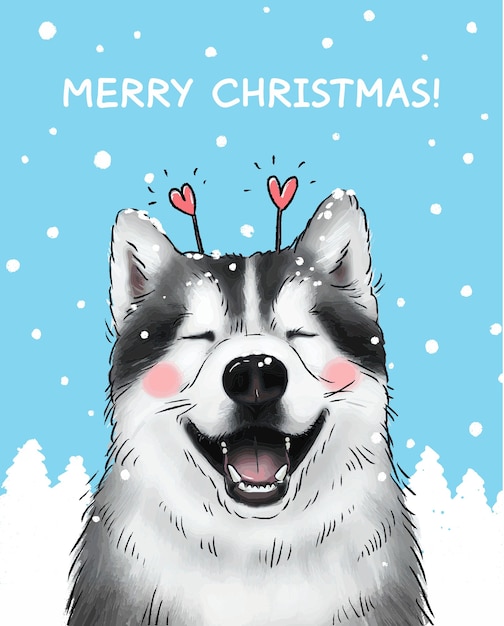 Vector illustratie kerstkaart schattige lachende husky