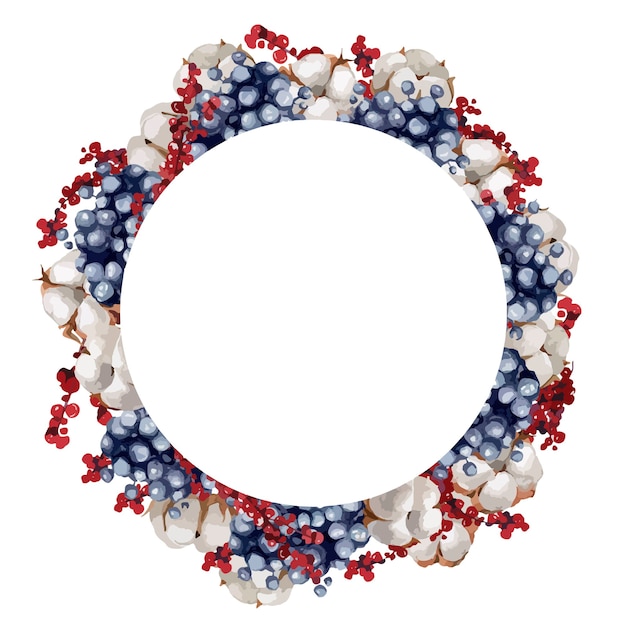 Illustratie, kerstkrans met dennentakken, bessen en katoen