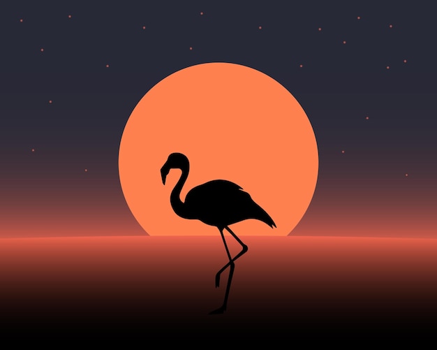 Illustratie landschap getekend silhouet van een flamingo vogel op een zonsondergang achtergrond