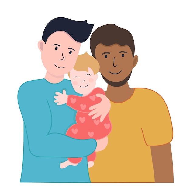 illustratie LGBT-familie Vaderdag 2021 Twee man en Afro-Amerikaanse blanke en en kind op handen