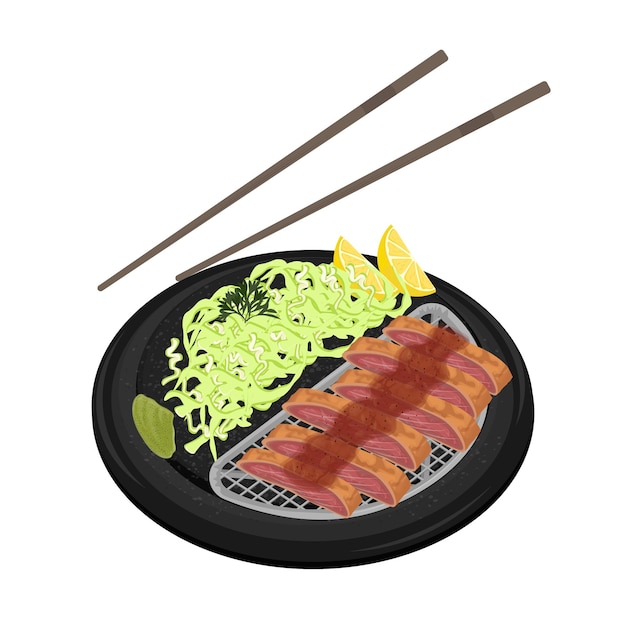 Illustratie Logo Clipart Gyu katsu of Gyukatsu met kool en gegraveerde wasabi