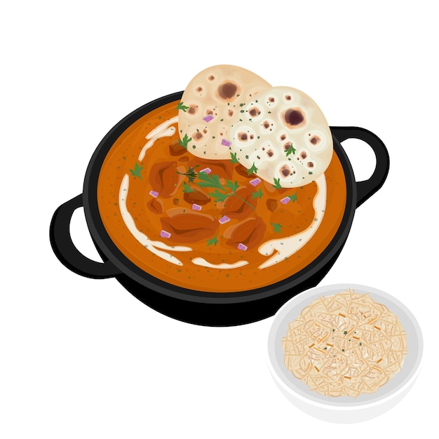 Illustratie Logo Clipart Indiase boter kip of kip Makhani met Naan brood en rijst