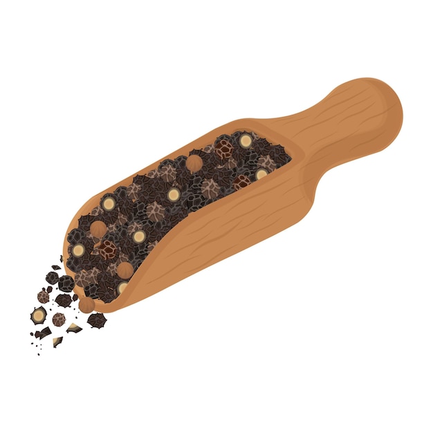 Illustratie Logo Clipart Zwarte peper of peperkorrels op een houten schaal