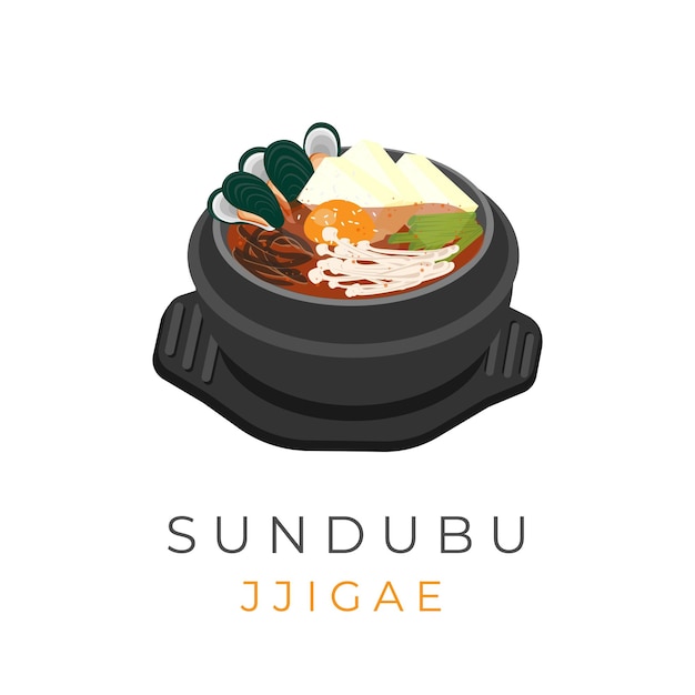 Vector illustratie logo koreaans eten sundubu jjigae warm geserveerd in ttukbaegi