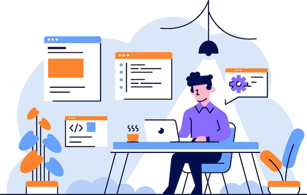 Illustratie man programmeur ontwikkelaar werk codering set applicatie mobiele platte omtrek ontwerpstijl