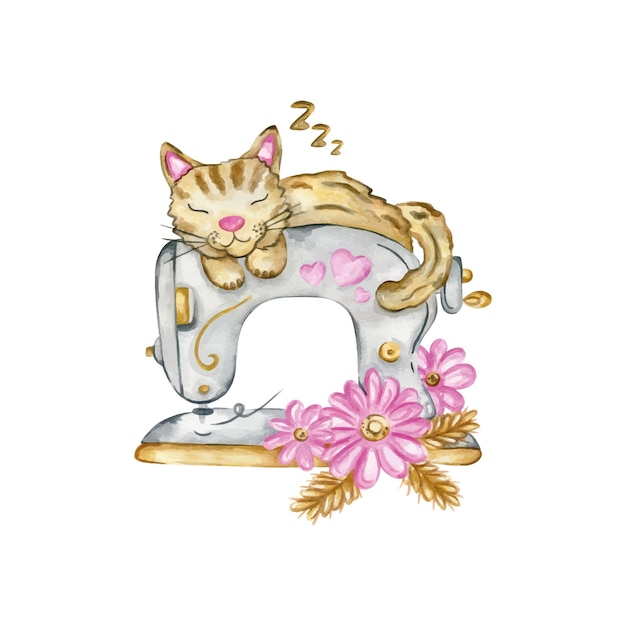 Illustratie met aquarel naaimachine en slaperige kat Perfect voor Premade-logo om te naaien