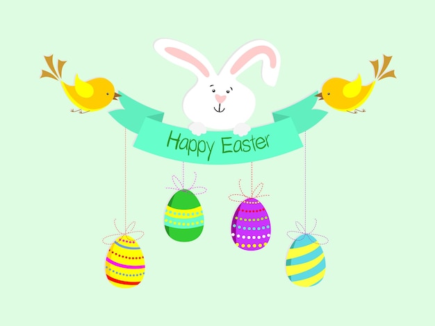 Illustratie met beschilderde eieren worden aan touwen gehangen Happy Easter belettering kuikens en paashaas