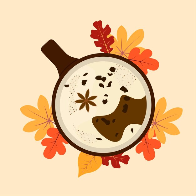 Vector illustratie met bruine kop koffie met room en kaneel, rond herfstbladeren op gele rug