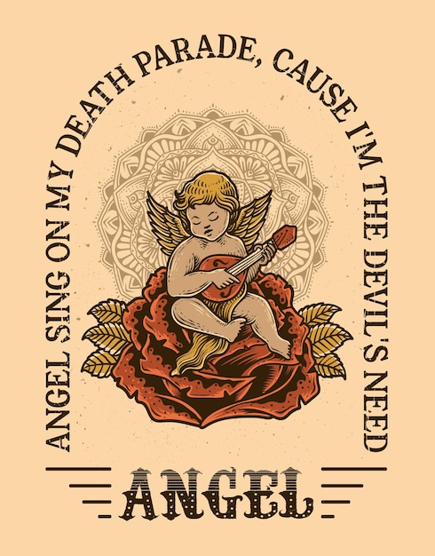 Illustratie met de hand getekend Engel zit op een roos en speelt gitaar Vector illustratie