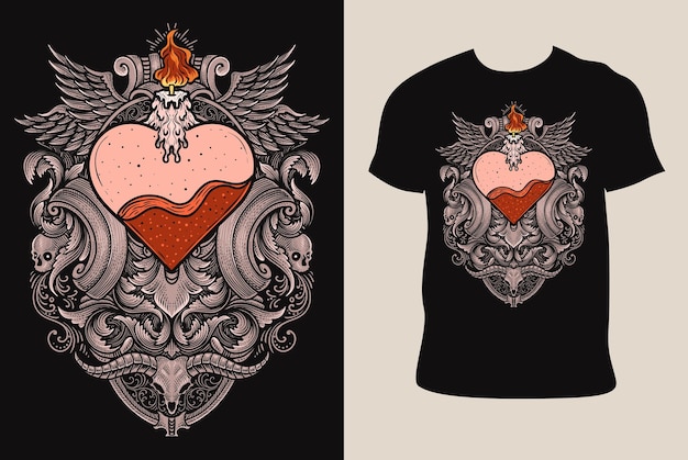 Illustratie met de hand getekend Vintage liefdeshart met gegraveerd ornament op T-shirt mockup