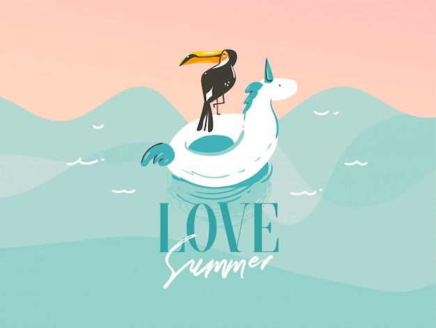 Illustratie met een eenhoorn zwemmen, rubberen vlotterringen in het landschap van oceaangolven en love summer typography quote