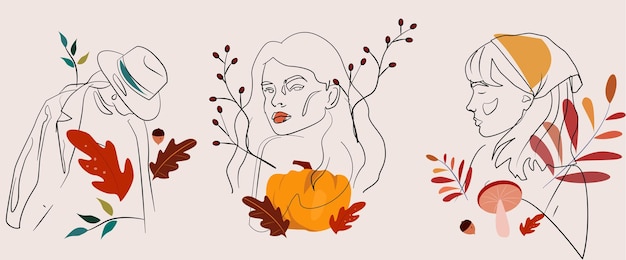 Vector illustratie met een lijn in een minimalistische stijl. een stel vrouw met een herfstpatroon. patroon