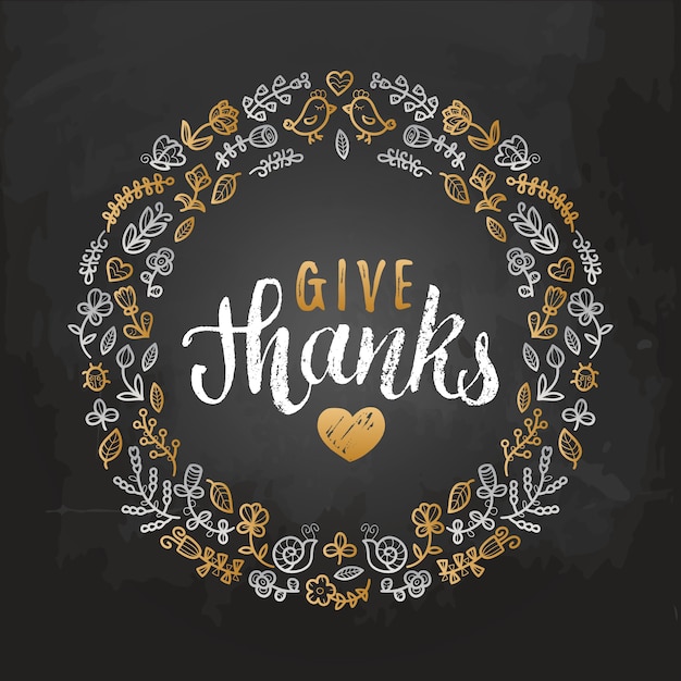 Vector illustratie met give thanks-letters in bladerenkader. uitnodiging of feestelijke wenskaartsjabloon.