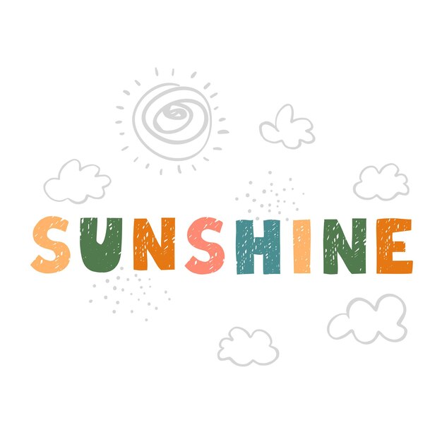 Illustratie met handgetekende letters Sunshine Kleurrijk typografieontwerp in Scandinavische stijl