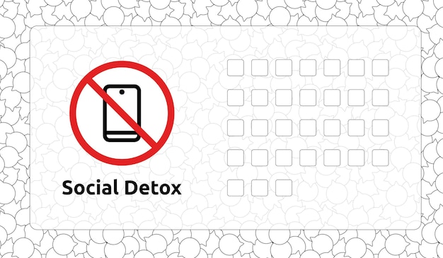 Illustratie met het tellen van de tijd van een doorgestreepte mobiele telefoon met de tekst Social Detox