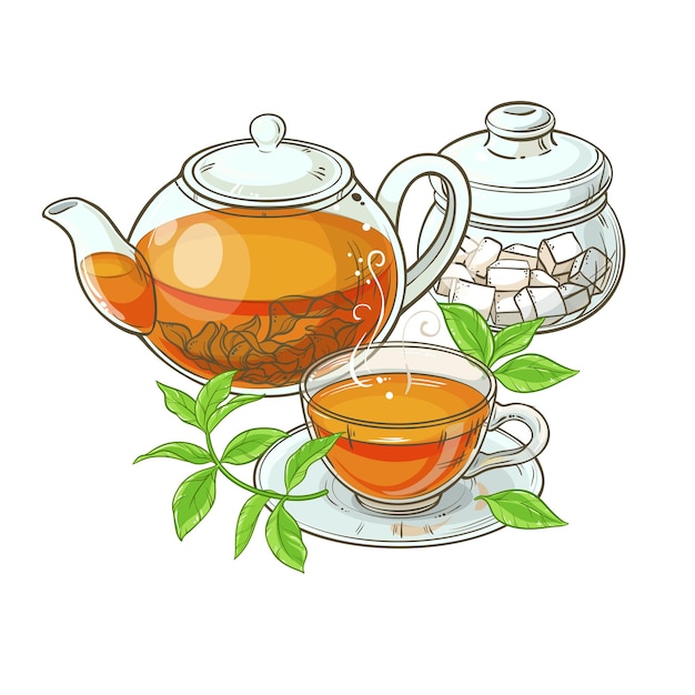 Illustratie met kopje thee, theepot, suikerpot en theeblaadjes op witte achtergrond